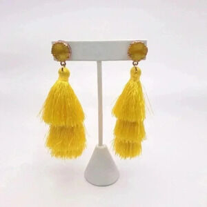 EUC Bright yellow tassel post-and-dangle earrings with druzy-like tops